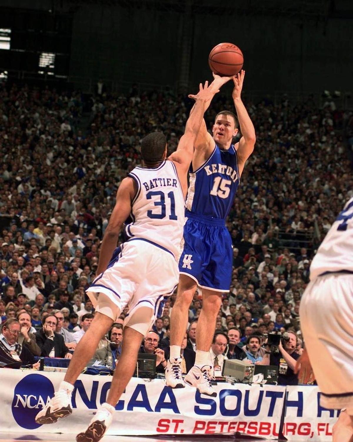 Jeff Sheppard made one of his career 128 three-point baskets in Kentucky’s 86-84 NCAA Tournament South Region finals win over Duke in 1998.