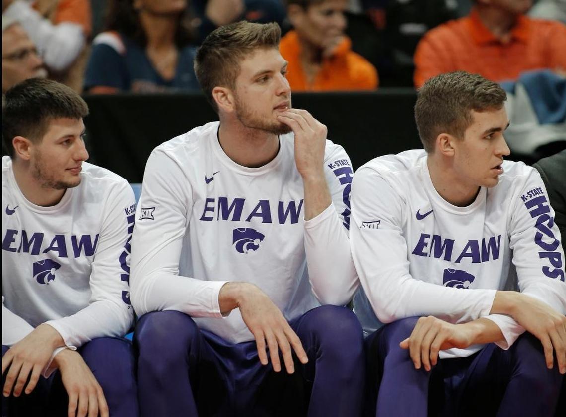 Dean Wade, center, has not played in Kansas State’s past three games because of a foot injury. The 6-foot-10 Wade is KSU’s leading scorer (16.5 ppg) and rebounder (6.3 rpg).