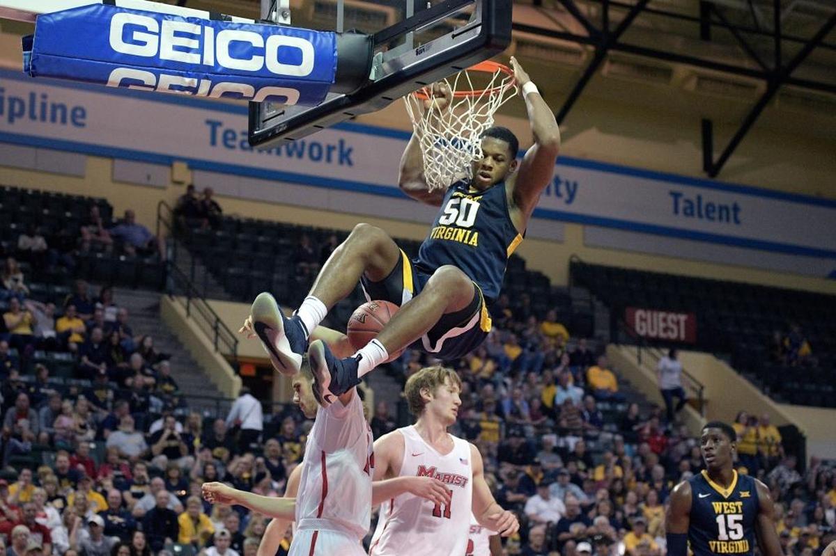 West Virginia big man Sagaba Konate (50) has developed into one of college basketball’s most feared shot blockers.