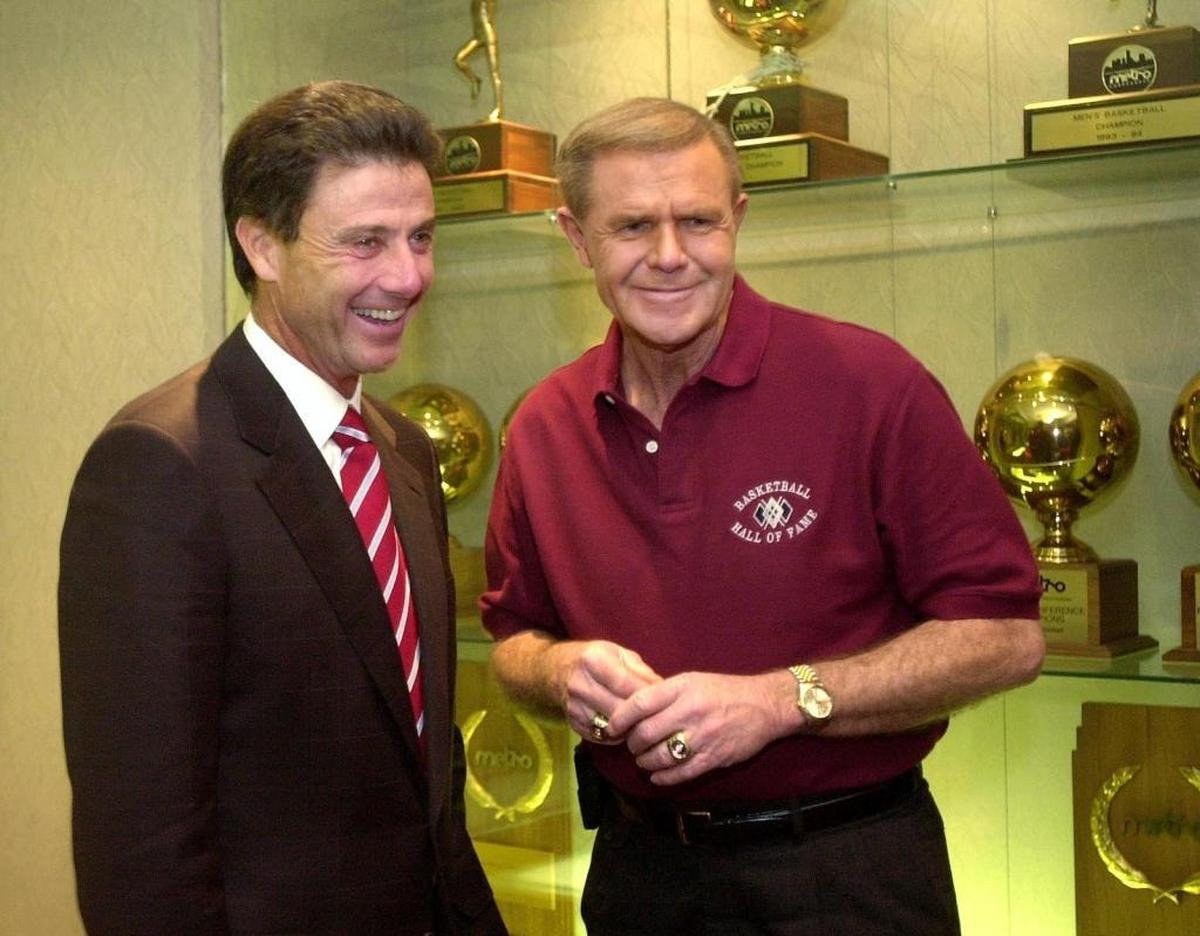 Rick Pitino, left, and Denny Crum are the only two men to hold the University of Louisville men’s basketball head coaching job on a full-time basis since the 1971-72 season.