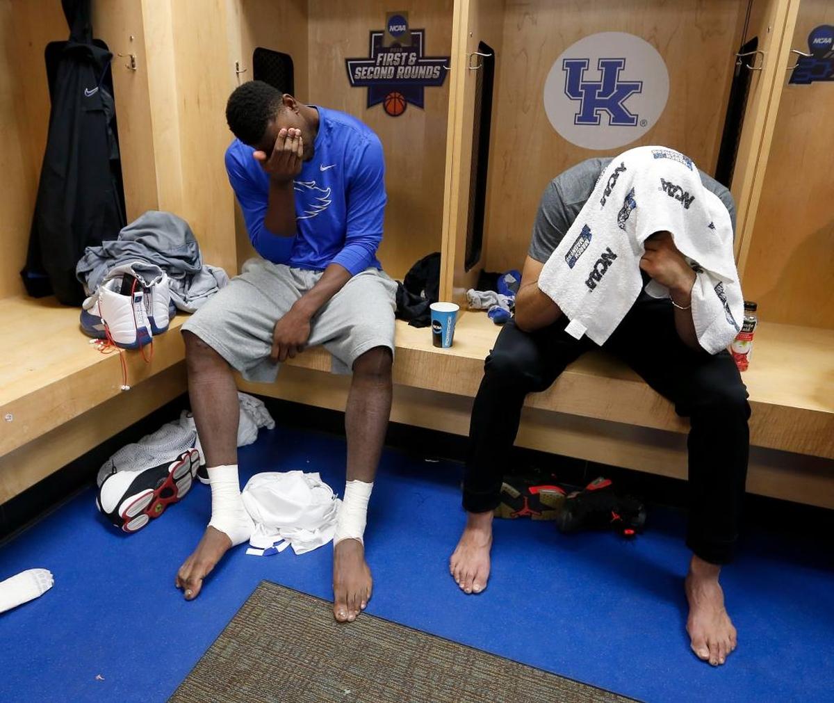 Kentucky guard Jamal Murray, with towel over head, was emotional after UK’s 2015-16 season ended with an upset loss to Indiana in the NCAA Tournament round of 32.