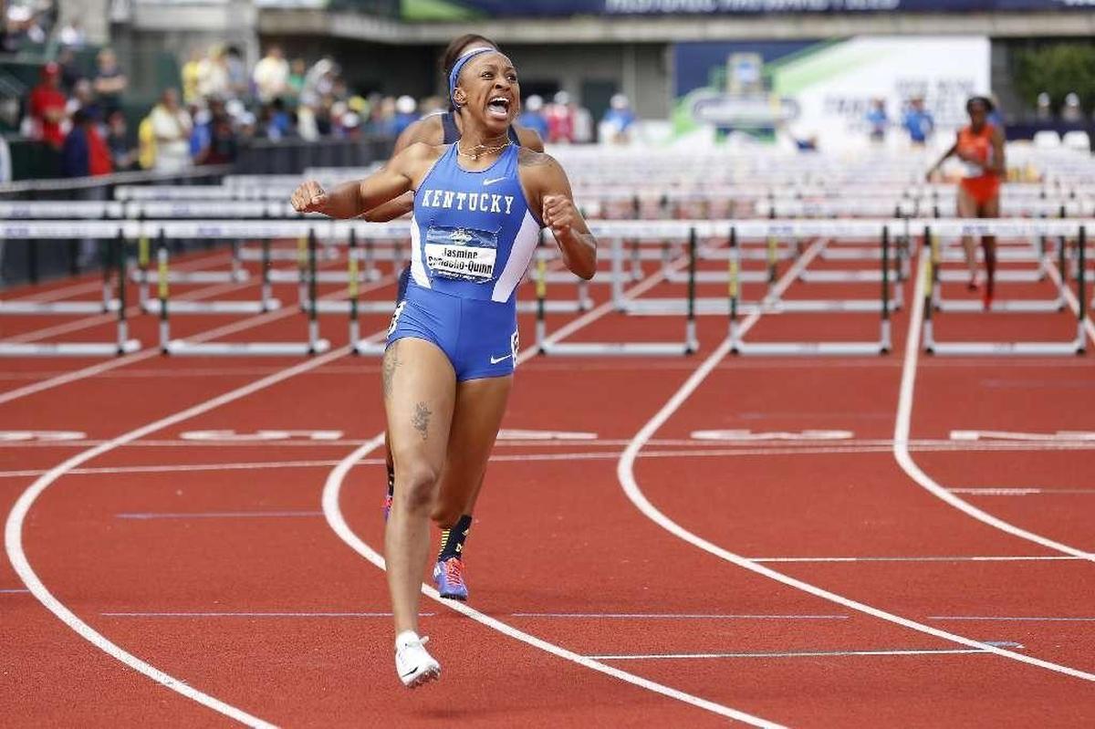 Kentucky’s Jasmine Camacho-Quinn celebrated after winning the 100 meters hurdles last year as a freshman in the NCAA Outdoor Track and Field Championships. This week, Camacho-Quinn will go for a repeat national championship.