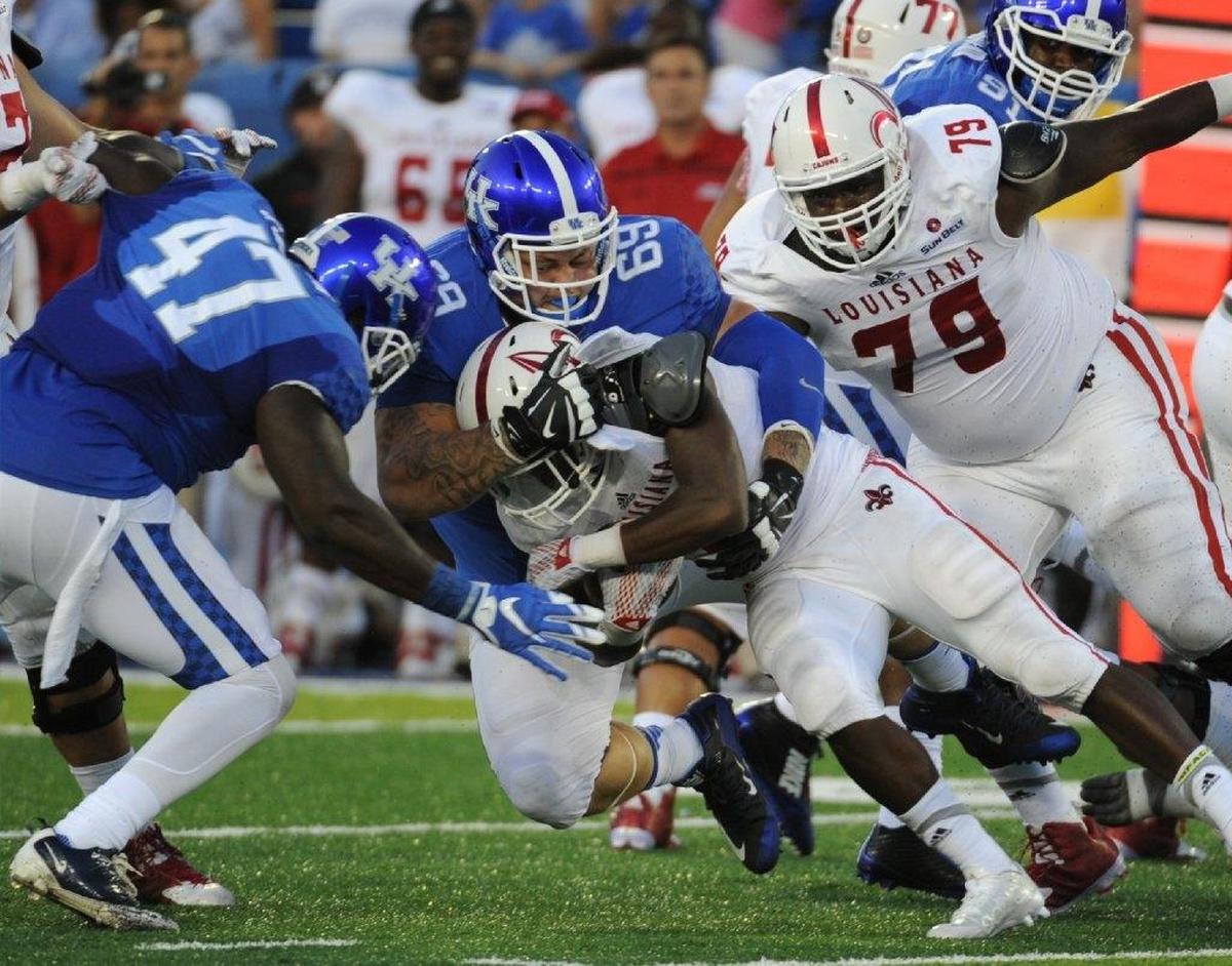 Matt Elam, No. 69, made one of the six tackles he had in Kentucky’s 2015 season-opening victory over Louisiana-Lafayette.