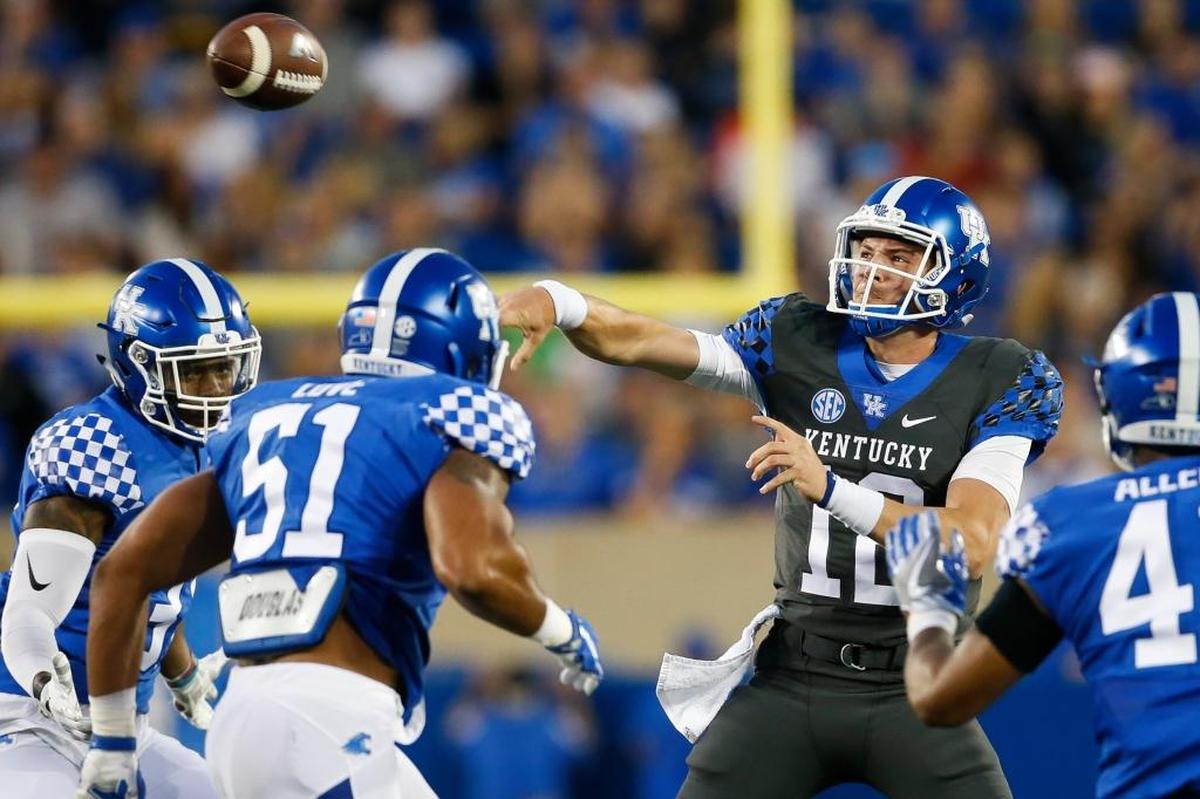 In two Blue-White spring games, Kentucky quarterback Gunnar Hoak (12) is 20-of-29 passing for 231 yards and three touchdowns. The redshirt freshman from Dublin, Ohio, has yet to throw a pass in an actual game for UK, however.