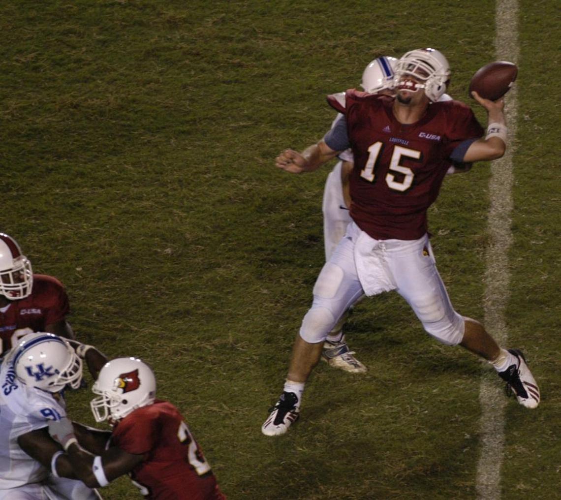 Louisville quarterback Dave Ragone was hit in the back by Kentucky defensive tackle Jeremy Caudill in the fourth quarter of Kentucky’s 22-17 upset of the No. 17 Cardinals in 2002.