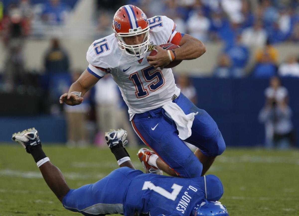 Florida quarterback Tim Tebow ran over Kentucky cornerback David Jones during the fourth quarter of the No. 14 Gators’ 45-37 victory over No. 8 UK in Lexington in 2007. The pregame hype for the game was so high that ESPN “College GameDay” came to Lexington for the only time to date.