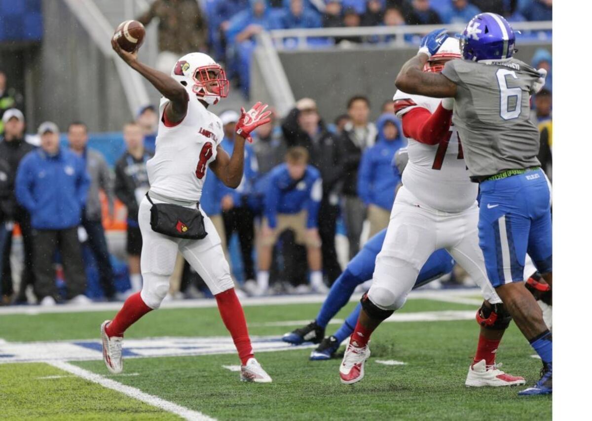 As a true freshman two years ago, Louisville quarterback Lamar Jackson, No. 8, came off the bench against Kentucky in Lexington to run for 186 yards and two touchdowns and pass for 130 yards and a TD to rally U of L from a 24-7 halftime defecit to a 38-24 victory over UK.