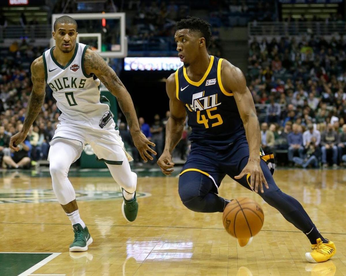 Former Louisville Cardinals star Donovan Mitchell (45) has been one of the top rookies in the NBA this season with the Utah Jazz.