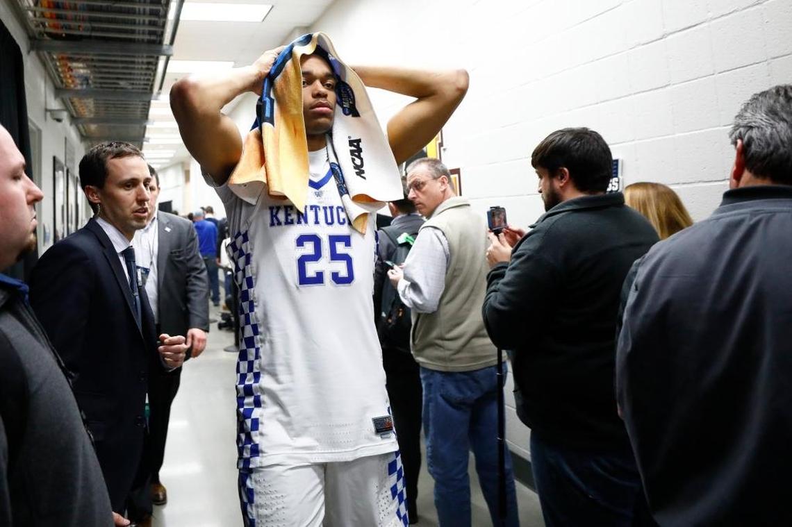 Kentucky forward PJ Washington, No. 25, appeared dejected after missing 12 of 20 free-throw tries in UK’s 61-58 upset loss to Kansas State in the NCAA Tournament round of 16 Thursday night in Philips Arena in Atlanta.