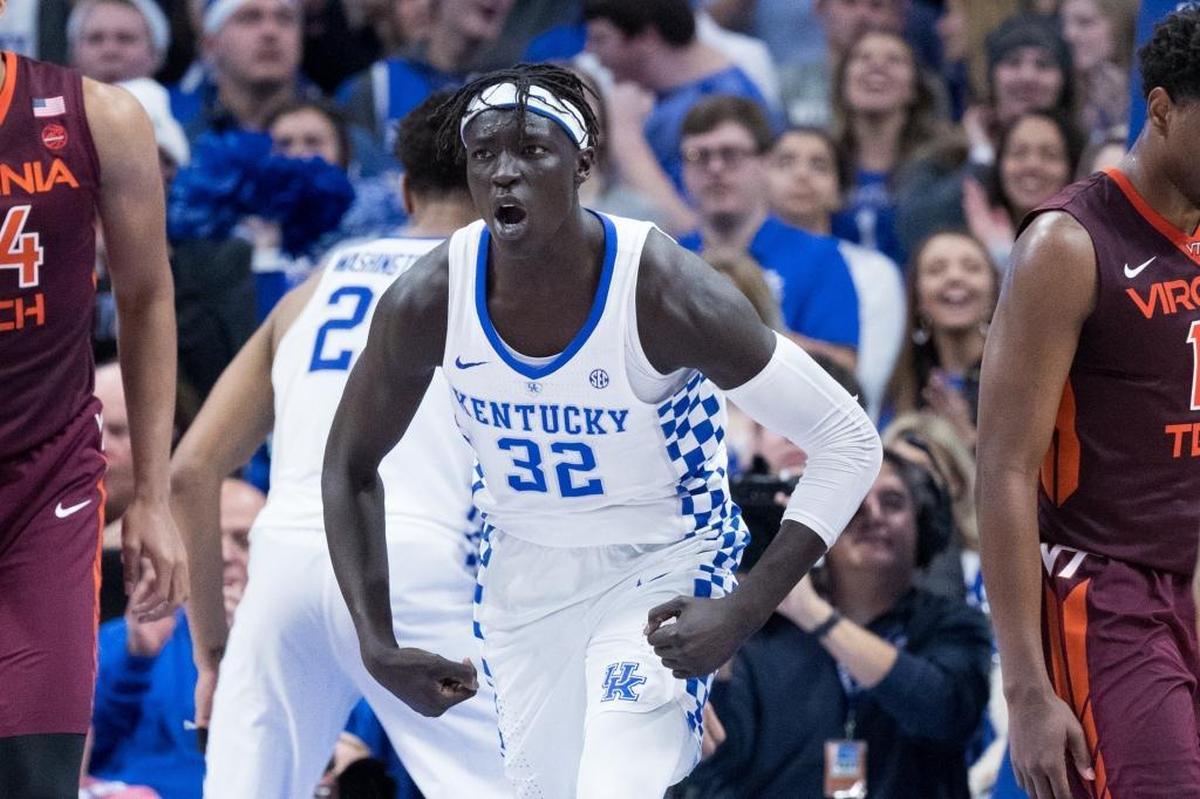 Kentucky forward Wenyen Gabriel, No. 32, celebrated after UK defeated Virginia Tech 93-86 in Rupp Arena last week. A season ago, scored a combined two points and grabbed nine rebounds in UK’s two meetings with UCLA.