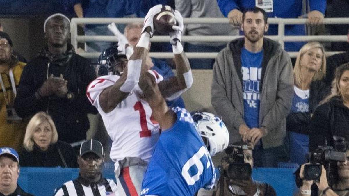 Mississippi wide receiver D.K. Metcalf soared above Kentucky cornerback Lonnie Johnson for the game-winning touchdown in Ole Miss’s 37-34 victory over Kentucky Saturday night at Kroger Field.