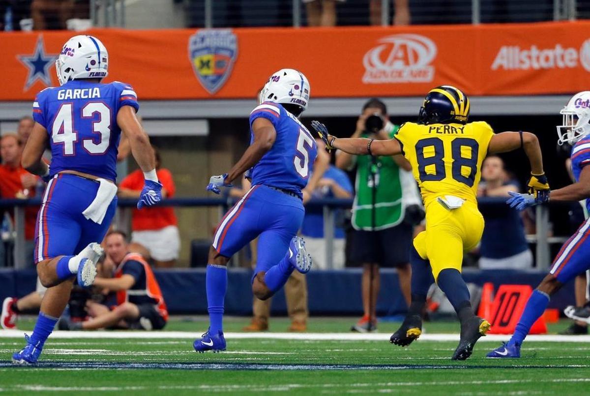 Florida freshman cornerback CJ Henderson, No. 5, returning an interception 41 yards for a touchdown in the Gators’ 33-17 season-opening loss to Michigan. Last week, in Florida’s 26-20 victory over Tennessee, Henderson did it again, scoring on a pick-six from 16 yards out.