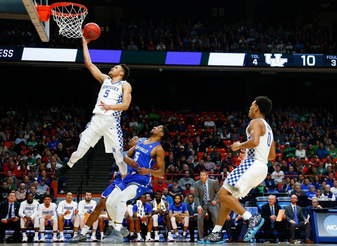 Kentucky freshman forward Kevin Knox (5) announced Friday that he was entering the 2018 NBA Draft and would be hiring an agent.