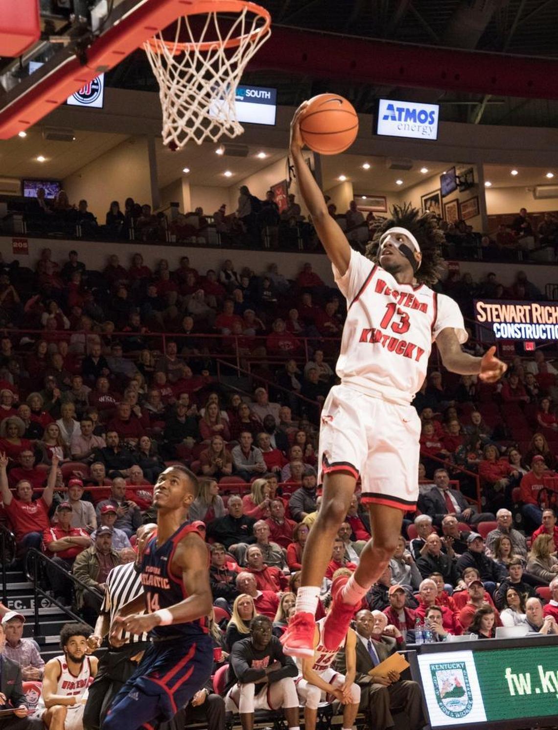 Going into Thursday night’s game at Charlotte, Taveion Hollingsworth (13) needed to score 10 points to pass Kennard Johnson (370 points) for fifth place on Western Kentucky University’s list of all-time freshman season scorers.