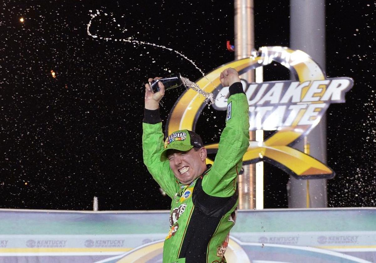 Kyle Busch sprayed his drink in Victory Lane after the 2015 Quaker State 400 at Kentucky Speedway. Busch also won in Sparta in 2011.