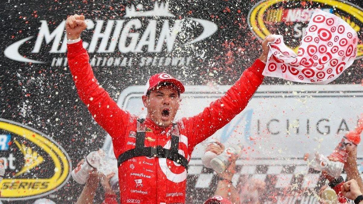 Kyle Larson celebrated after winning his first career Cup Series race last year at Michigan International Speedway. The California native, 24, has won twice this year in the Monster Energy NASCAR Cup Series and leads the points standings.