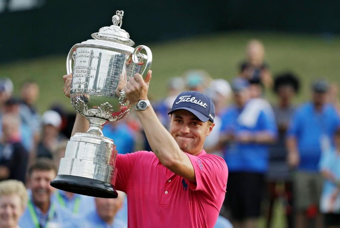 Justin Thomas held the Wanamaker Trophy after winning the PGA Championship at the Quail Hollow Club in Charlotte, N.C., in August. The St. Xavier High School graduate is the third Kentuckian to win a PGA Tour major, joining Louisville’s Bobby Nichols (1964 PGA Championship) and Lexington’s Gay Brewer (1967 Masters).