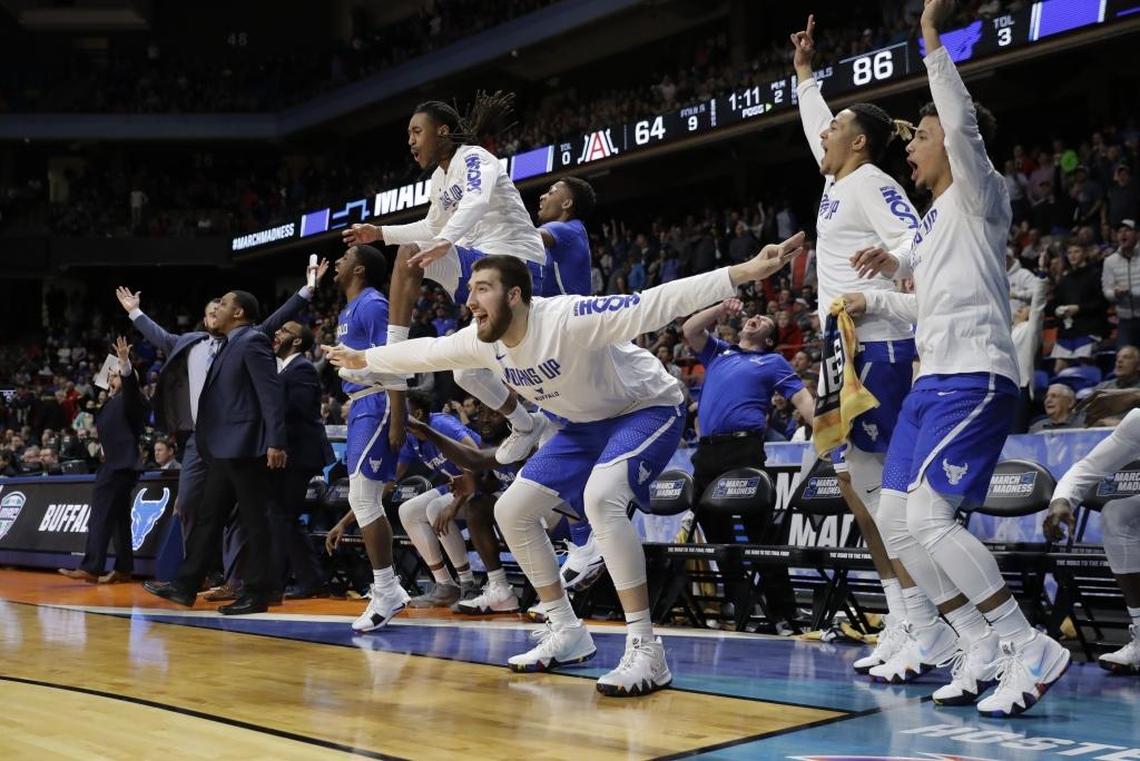 The Buffalo bench reacts during the first half of a first-round game against Arizona in the NCAA men’s college basketball tournament Thursday, March 15, 2018, in Boise, Idaho. Buffalo won 89-68.