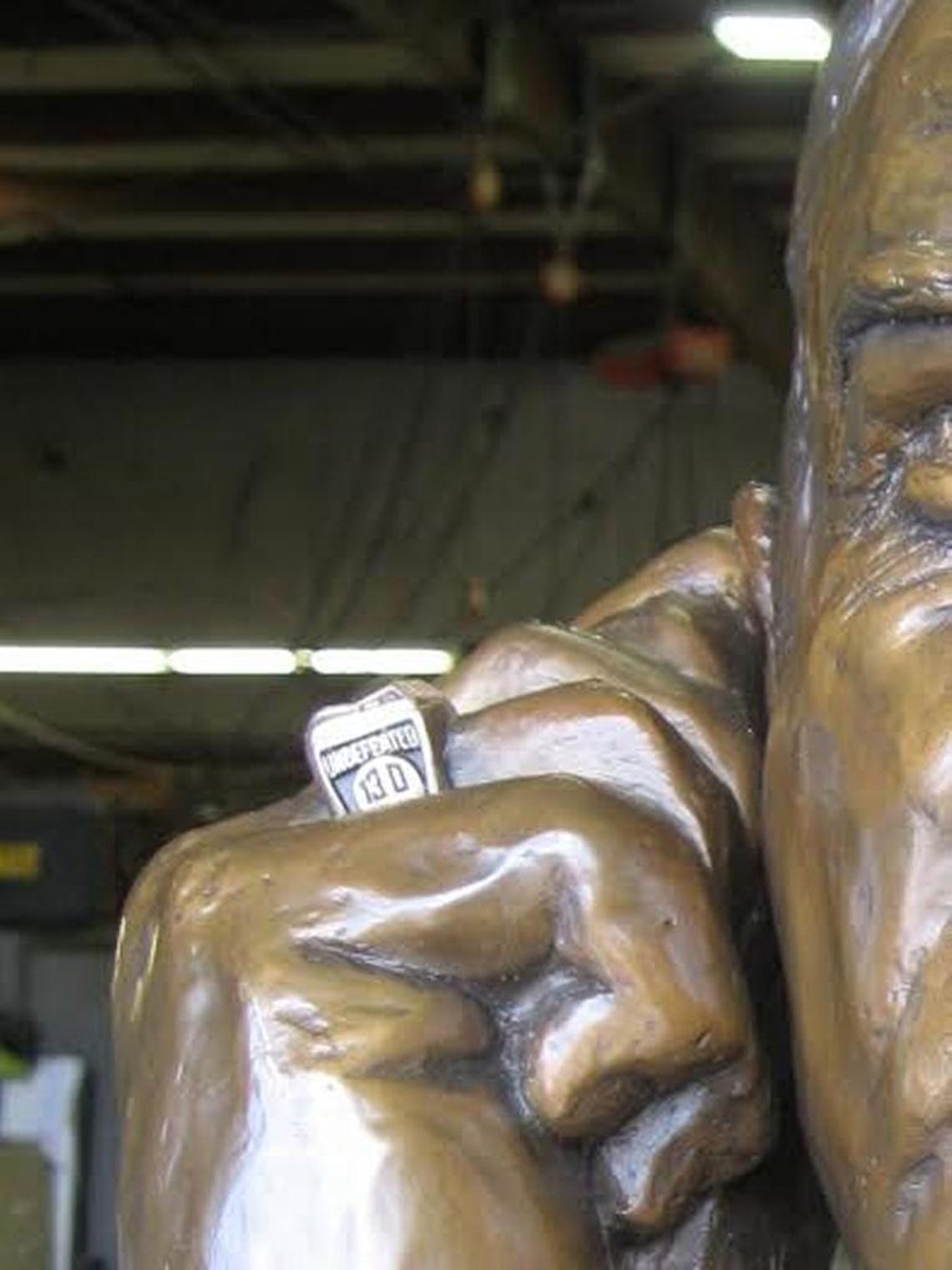 The 1982 Eastern Kentucky football national championship ring is visible on the hand of the Roy Kidd statue done by sculptor Dr. John Savage Jr. that will be unveiled to the public Saturday at 3 p.m. before the Eastern Kentucky Colonels play their home opener at 6 p.m. against Tennessee Tech.