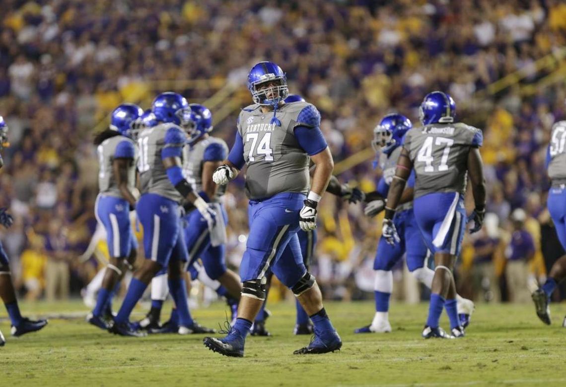 Cole Mosier (74) started 10 games for Kentucky at offensive left tackle in 2016 but has been lost for 2017 due to a torn ACL.