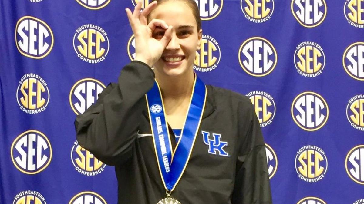 Kentucky’s Rebecca Hamperian posted a new school record score of 354.90 on the 1-meter springboard to take the silver medal at the 2017 SEC Championships on Wednesday, Feb. 15, 2017 in Knoxville, Tenn.
