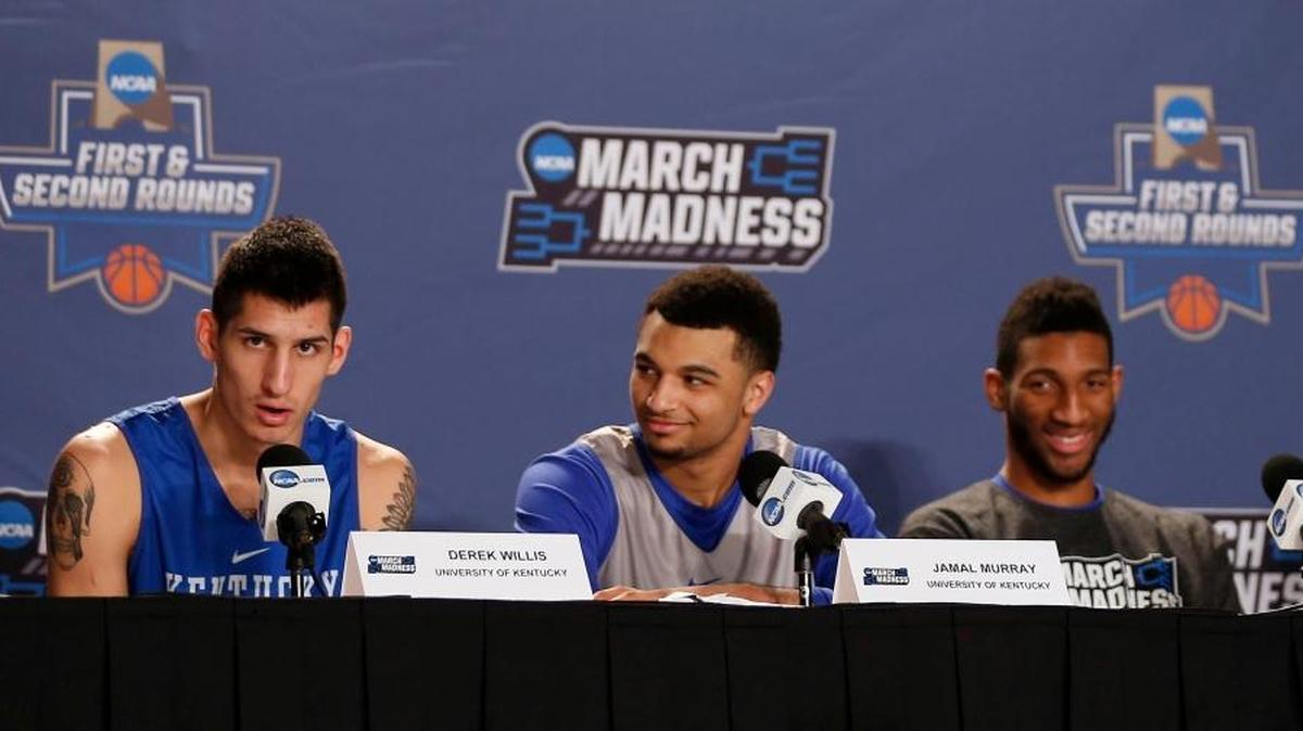 Derek Willis answered a question about Bobby Knight during a news conference held in Wells Fargo Arena in Des Moines, IA, Friday, March 18, 2016. UK will play Indiana Saturday afternoon in the second round of the NCAA Men's Basketball Tournament. His teammates, Jamal Murray and Marcus Lee laughed when Willis asked if Knight was the guy that threw the chair.