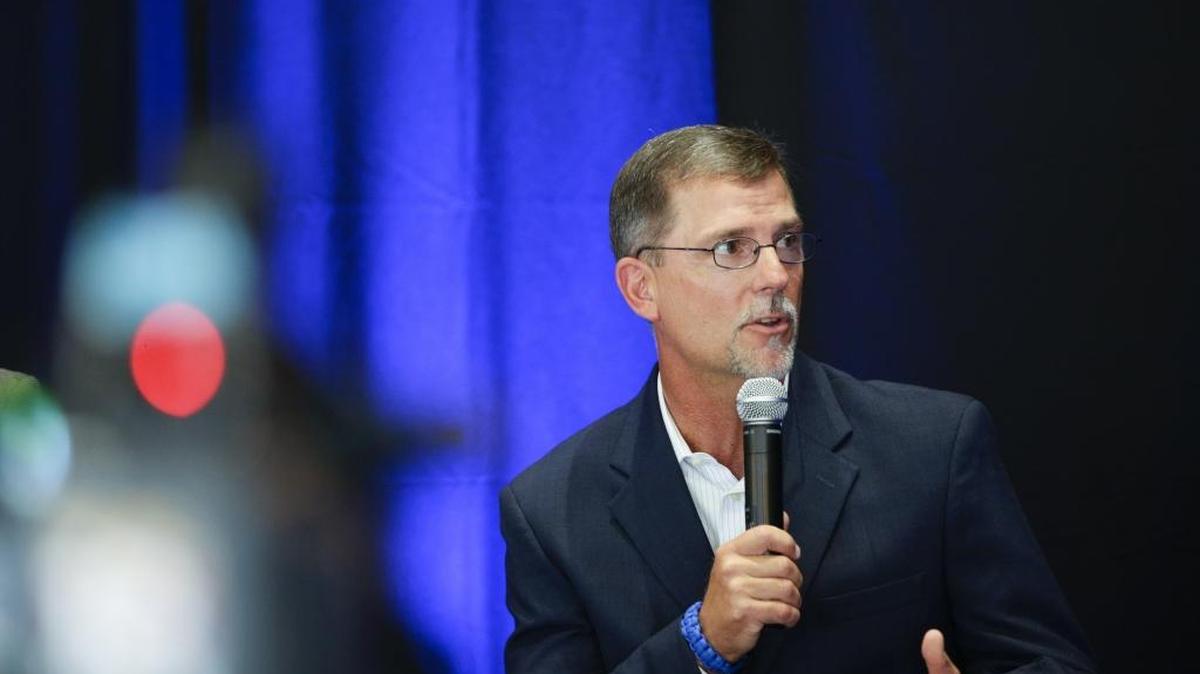 UK offensive coordinator Eddie Gran, during the UK football kick off luncheon at Commonwealth Stadium on Friday July 29, 2016 in Lexington, Ky.