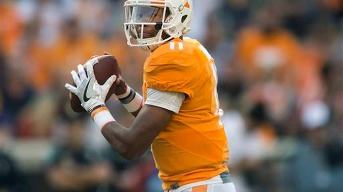 Tennessee quarterback Joshua Dobbs (11) looks for an open receiver during the Vols 55-0 win over Tennessee Tech, Saturday, Nov. 5, 2016, in Knoxville, Tenn.
