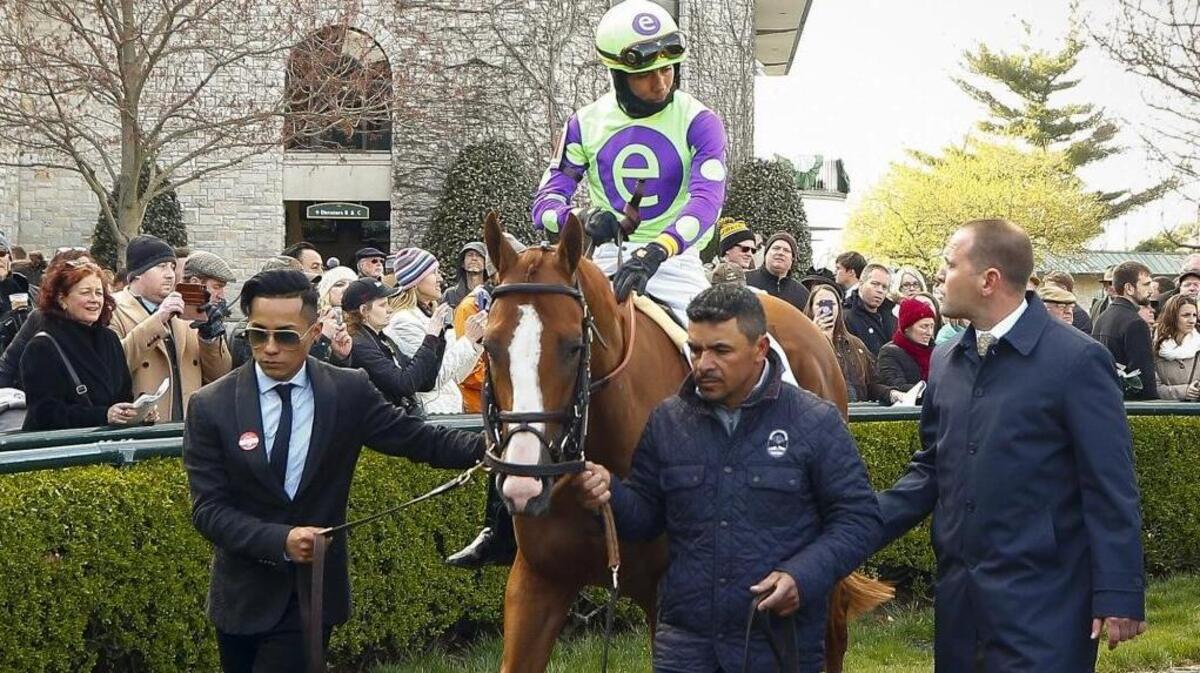 Trainer Chad Brown, right, spoke with jockey Jose L. Ortiz atop Good Magic before the Breeders’ Cup Juvenile winner won the 94th Running of Toyota Blue Grass Stakes on Saturday, April 14, 2018 at Keeneland.