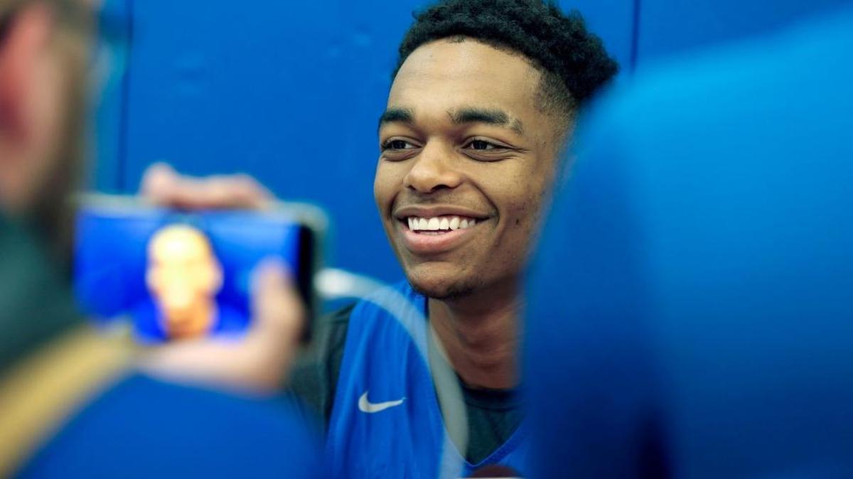 Kentucky forward PJ Washington (25) was interviewed during the University of Kentucky men's basketball media day held in the Joe Craft Center Center in Memorial Coliseum in Lexington, Ky., Thursday, October 12, 2017. UK’s annual Blue-White scrimmage is Friday at Rupp Arena.