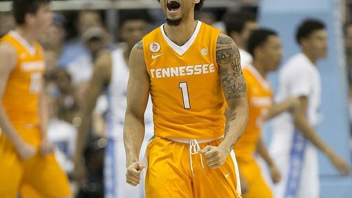 Tennessee’s Lamonte Turner (1) reacts after sinking a basket to give the Volunteers a 10-point lead over North Carolina in the first half on Sunday, December 11, 2916 at the Smith Center in Chapel Hill, N.C. North Carolina rallied to win 73-71.