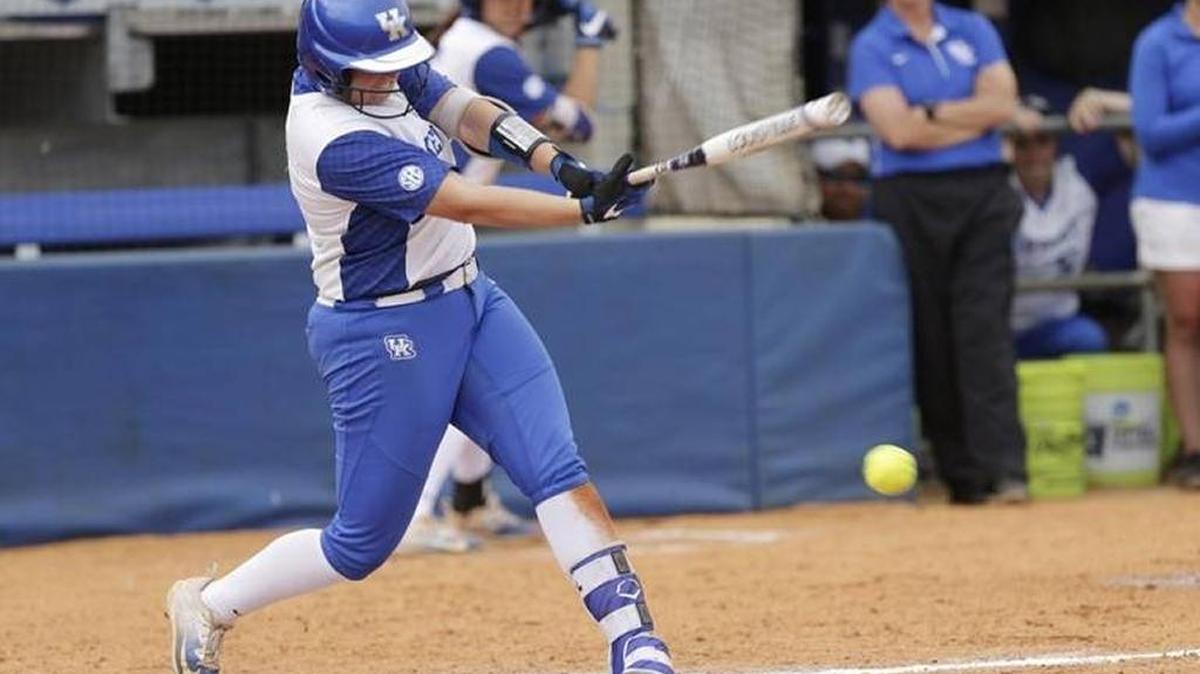 Kentucky’s Abbey Cheek (11) singles in the fifth inning of UK’s 6-0 win over DePaul in an NCAA regional softball game at John Cropp Stadium in Lexington on Friday, May 19, 2017.