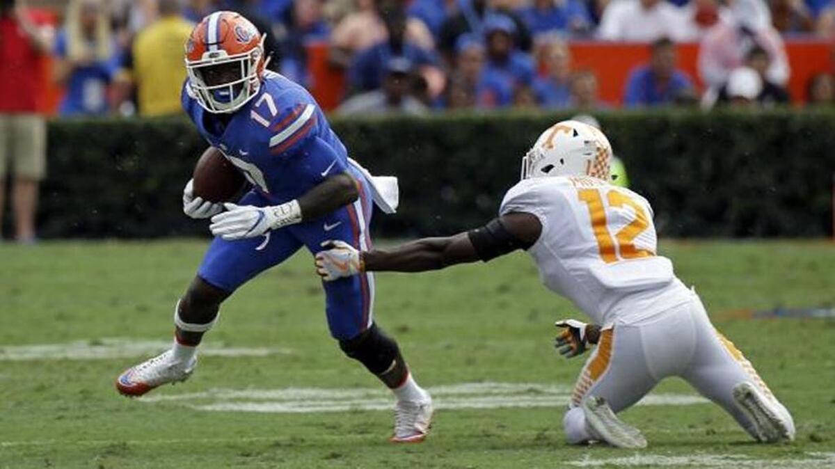 Florida receiver Kadarius Toney makes a move on Tennessee defensive back Emmanuel Moseley during the Gators’ 26-20 win over the Volunteers at Ben Hill Griffin Stadium in Gainesville, Fla. on Sept. 16, 2017.