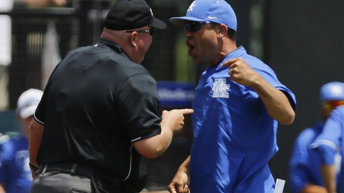 Kentucky baseball head coach Nick Mingione argues with the umpire during the game against the Indiana Hoosiers in the NCAA Regional at Cliff Hagan Stadium in Lexington, Ky on Sunday June 4, 2017. Kentucky travels to Louisville to play the Cardinals in the NCAA Super Regional starting Friday, June 9, 2017.