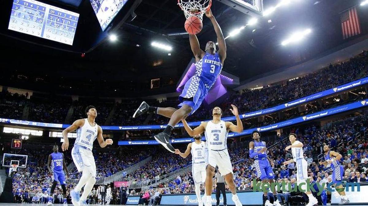 Kentucky forward Bam Adebayo (3) dunked for two of his 13 points in UK’s 103-100 win over North Carolina on Saturday in the CBS Sports Classic in Las Vegas.