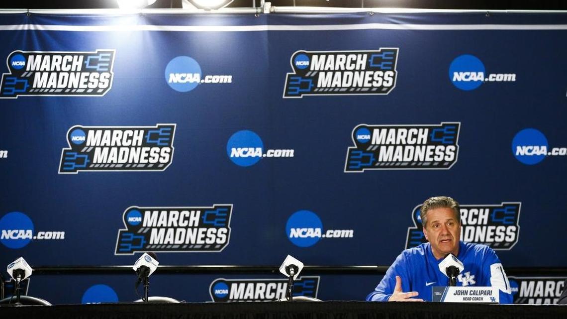 Kentucky head basketball coach John Calipari answers questions during media availability Friday at Taco Bell Arena in Boise. Kentucky plays Buffalo on Saturday in the second round of the NCAA Tournament.
