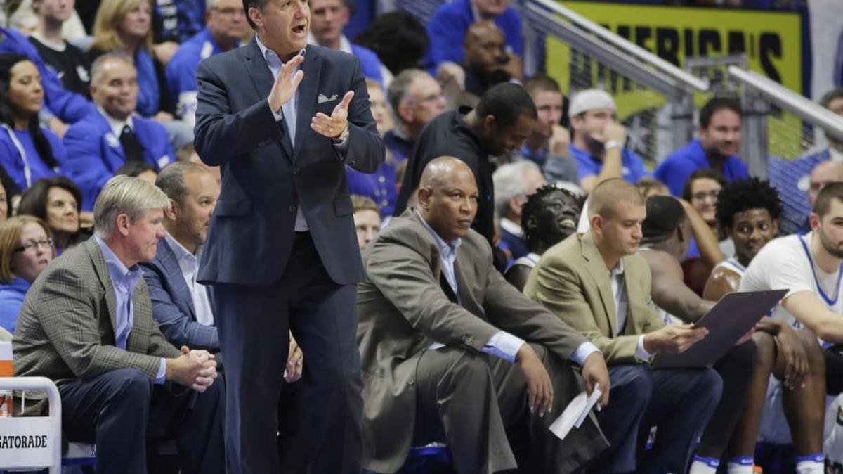 Kentucky basketball coach John Calipari encouraged his team in the first half of last Sunday’s exhibition romp over Asbury at Rupp Arena in Lexington, Ky, on Nov. 6, 2016.