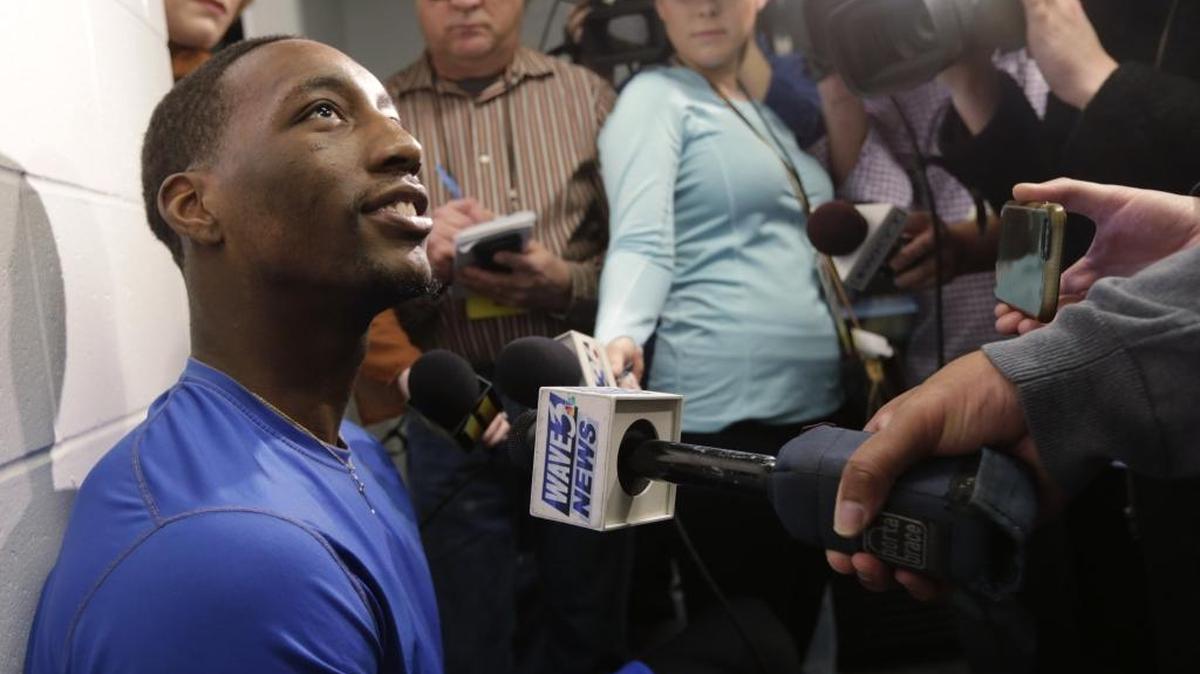 Kentucky freshman Bam Adebayo (3) talked to reporters during media locker room interviews at NCAA tournament's site at Bankers Life Fieldhouse in Indianapolis, Ind., on March 18, 2017. After beating NKU, Kentucky faces Wichita State on Sunday.