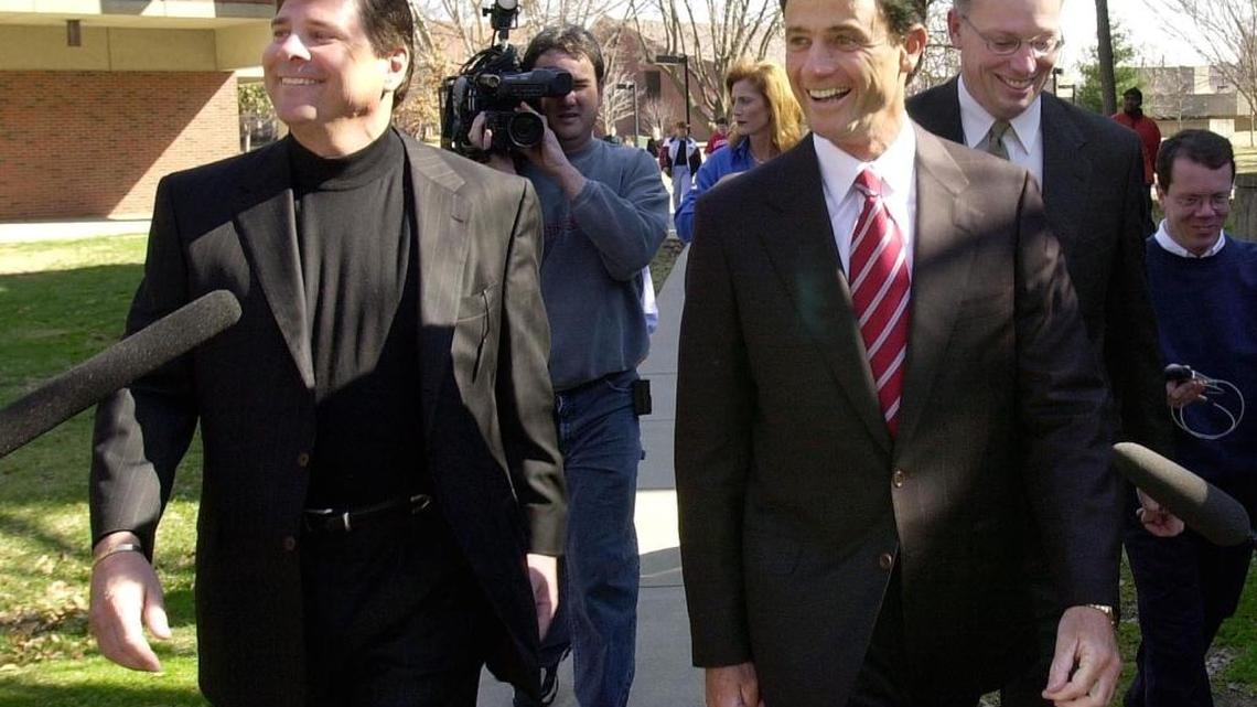 Rick Pitino walks with University of Louisville athletic director Tom Jurich (left) as they tour the U of L campus during a visit Wednesday, March 14, 2001. Pitino coached the Cardinals for 16 seasons before being placed on administrative leave Sept. 27, 2017.