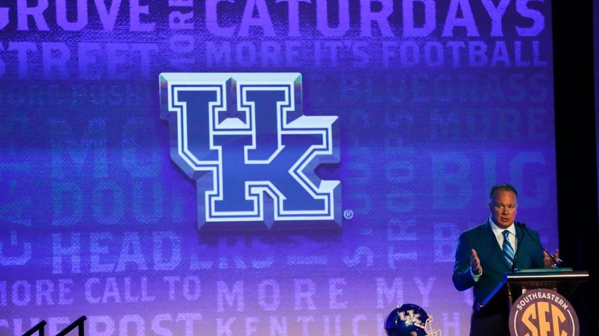 Kentucky coach Mark Stoops speaks to the media at SEC Football Media Days, Wednesday, July 13, 2016, in Hoover, Ala.