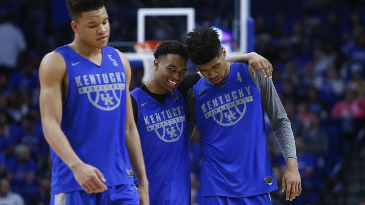 Kentucky forward PJ Washington (25) celebrates with forward Nick Richards (4) after a basket during the Blue/White game at Rupp Arena in Lexington, Ky., on October 20, 2017. UK opens exhibition play Friday against Thoams More.
