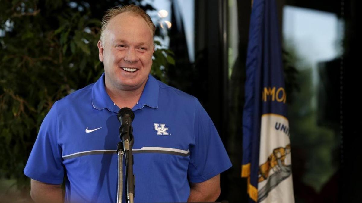 Kentucky football coach Mark Stoops smiles at a question during the Governor’s Cup Luncheon at Frankfort Country Club in Frankfort, Ky, on June 6, 2017.