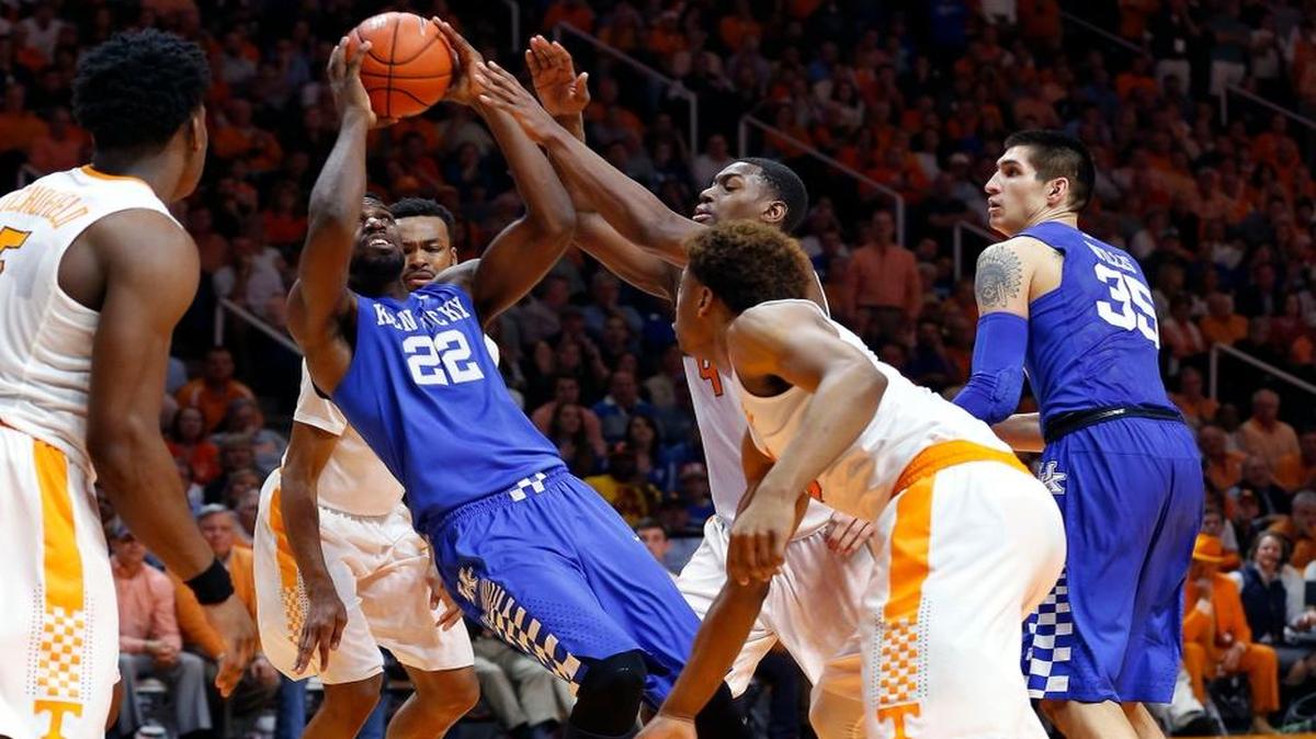 Kentucky Wildcats forward Alex Poythress (22) got off an off-balance shot as the University of Kentucky played the University of Tennessee in Thompson-Boling Arena in Knoxville, Tn., Tuesday, February 02, 2016. This is second half men's college basketball action. Tennessee won 84-77.