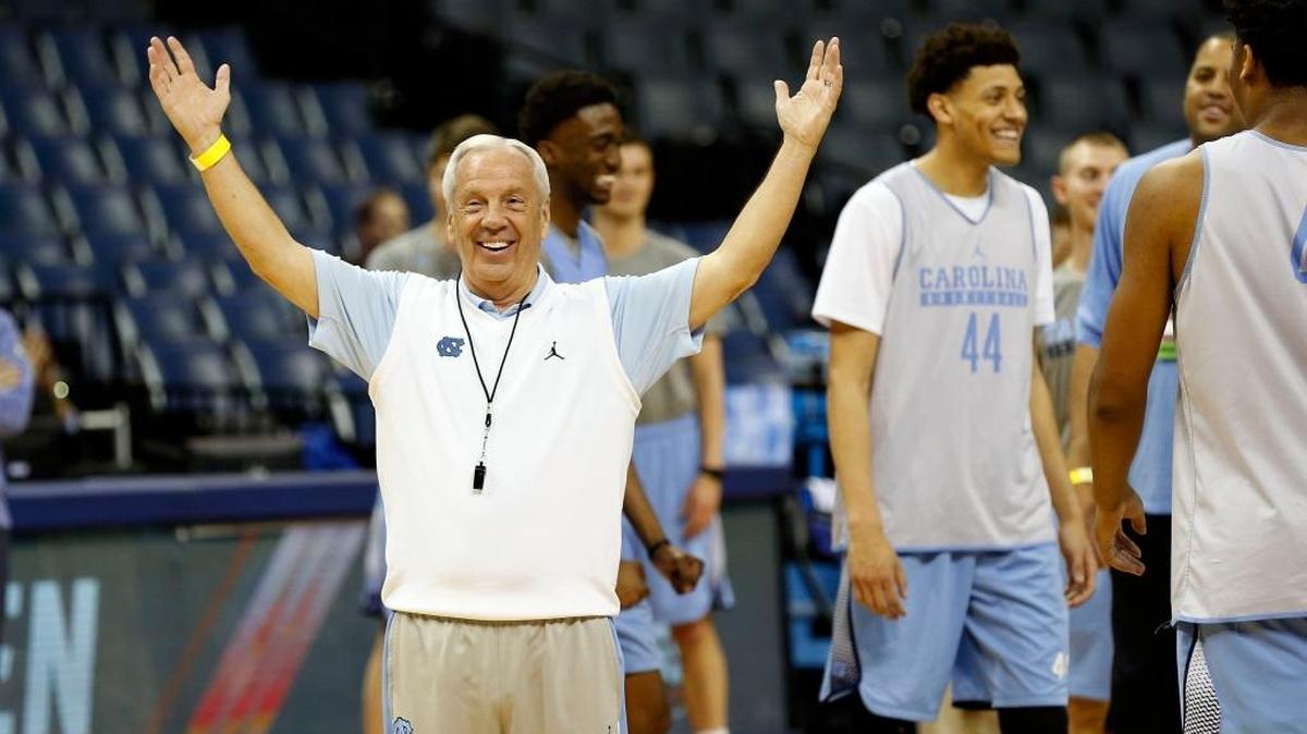 North Carolina head basketball coach Roy Williams reacted to a spectacular dunk near the end of their practice at FedExForum in Memphis, Tn., Thursday, March 23, 2017 during the NCAA Tournament.