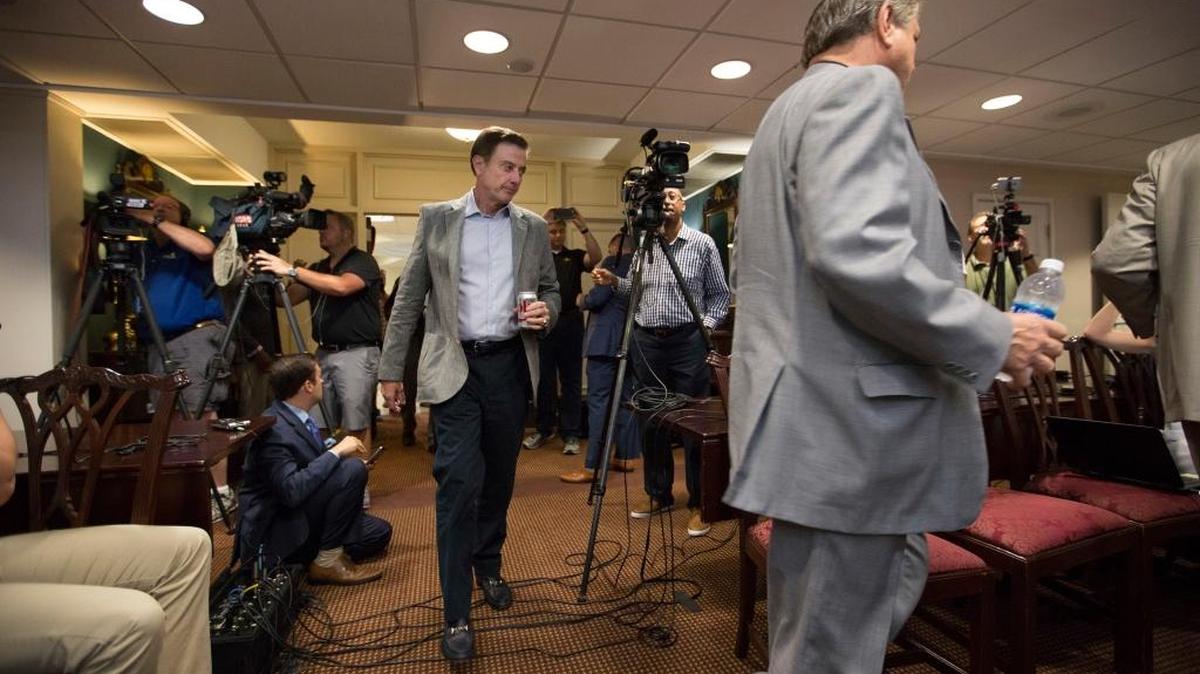 University of Louisville basketball coach Rick Pitino arrives for an NCAA college basketball news conference Thursday, June 15, 2017, in Louisville, Ky. concerning penalties levied against the school’s basketball program.