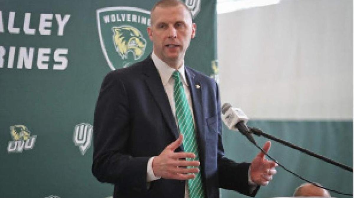 Former Kentucky forward Mark Pope is introduced as the new head basketball coach at Utah Valley. Pope’s Wolverines face Louisville on Wednesday night at the Yum Center.