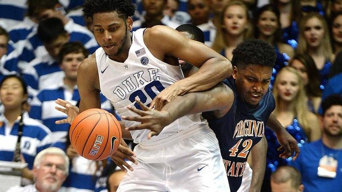 Duke center Marques Bolden (20) and Virginia State’s Matt Murphy (42) vie for a second half rebound during an exhibition game last week.