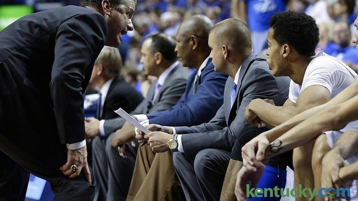 Kentucky Wildcats head coach John Calipari had some words for Skal Labissiere (1) on the bench.