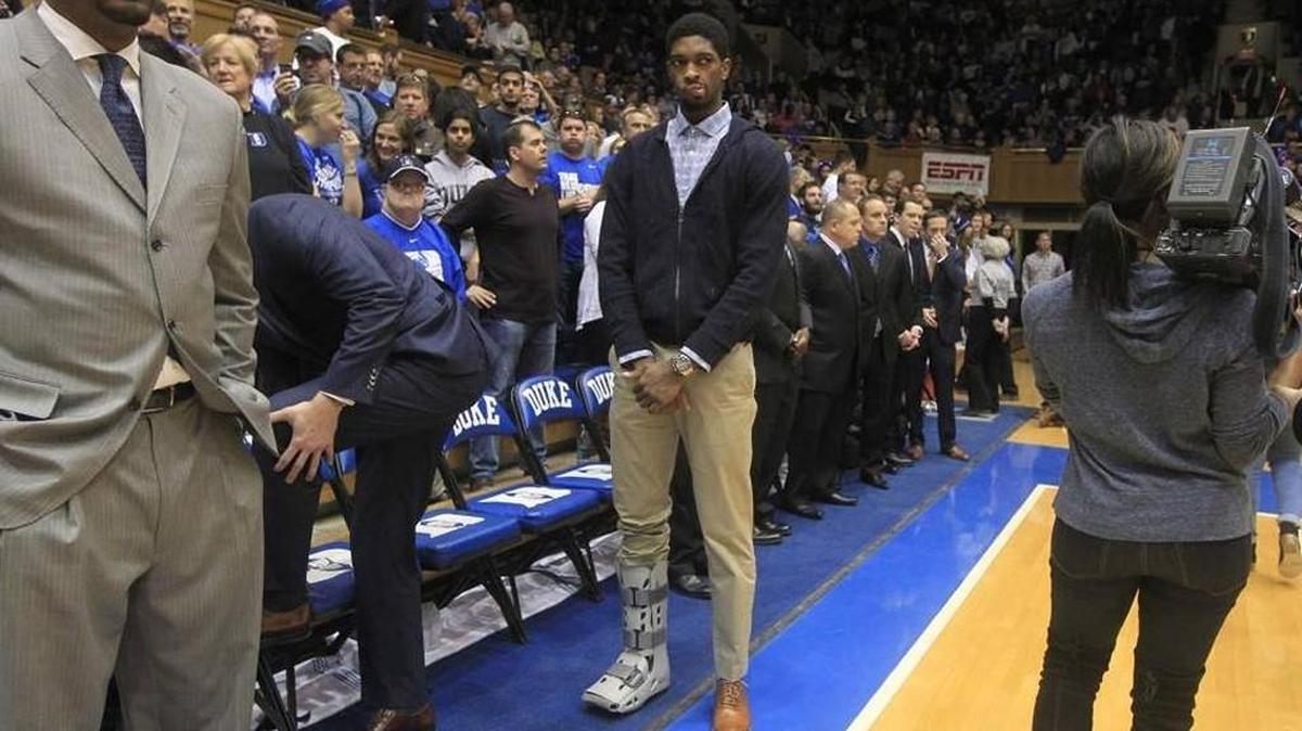 Duke’s Amile Jefferson, shown here at a Blue Devils’ game last season after breaking his foot, has been granted a medical hardship year by the NCAA.