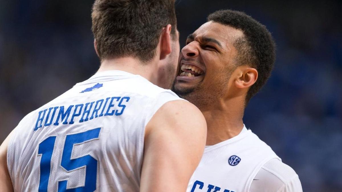 Kentucky guard Jamal Murray, right, celebrates with forward Isaac Humphries after Humphries blocked a shot in the second half. The University of Kentucky hosted the University of Florida, Saturday, Feb. 06, 2016 at Rupp Arena in Lexington .